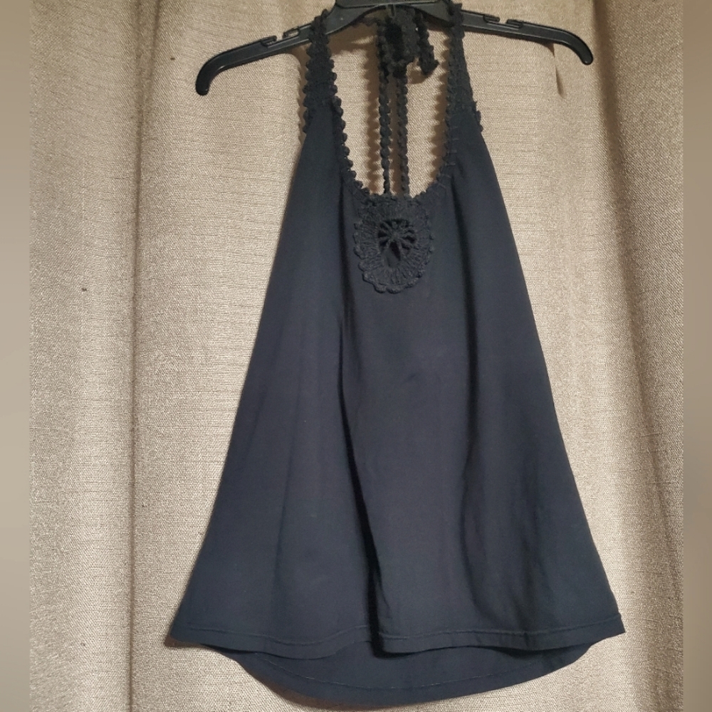Basil & Maude Black Halter top with crochet detail & tie back SZ LG
